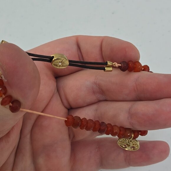 Fossil Tree Of Life Bracelet Orange Beaded Gold Tone Charm Adjustable Stretch - Picture 7 of 8